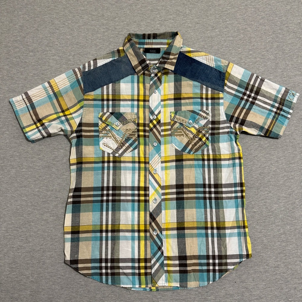 Red Ape Plaid Button Up Shirt Denim Trim Short‎ Sleeve Blue Yellow Mens Size M